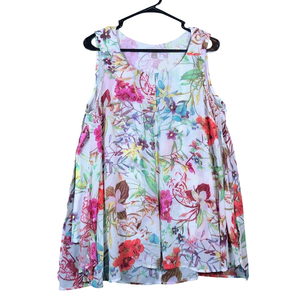 Roz & Ali Womens Blouse White Multicolored Floral Sleeveless Scoop Neck Tank L
